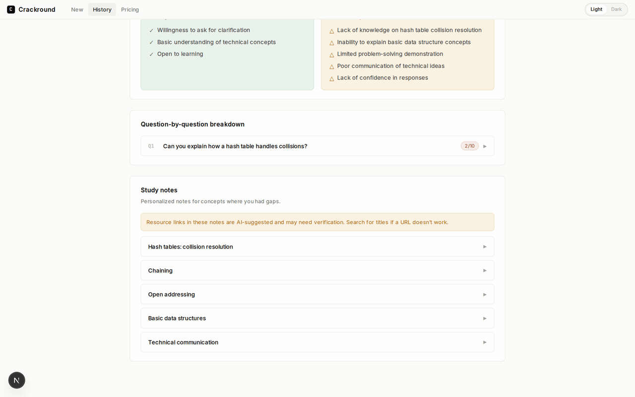 Named failure modes — not "good job, keep practicing."